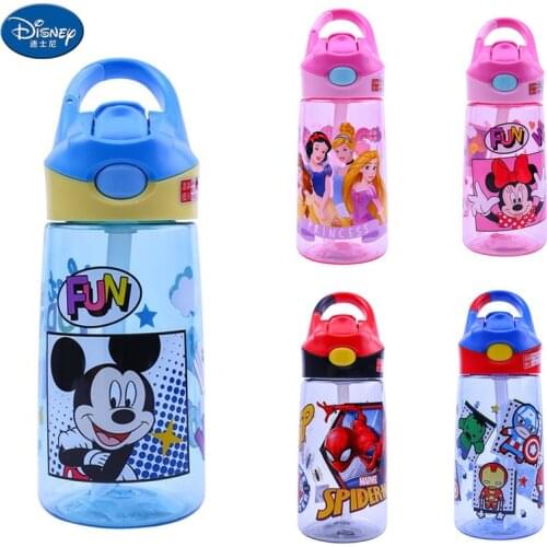 Disney 460ml Children Mickey Minnie Spider-Man Princess Portable Bottle Cartoon Straight Drink Cup Safety Leakproof