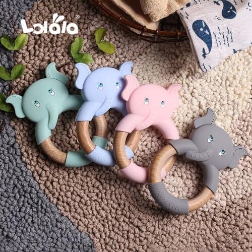 1pc Baby Silicone Teether Cartoon Elephant Sheep Teething Toy Beech Wood Ring Infant Comfort Toys Baby Teether