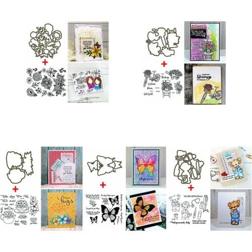 Fragrant Floral Bike Butterflies Bear Doll Metal Cutting Dies With Clear Stamps Set DIY Scrapbooking Craft Card Making Template