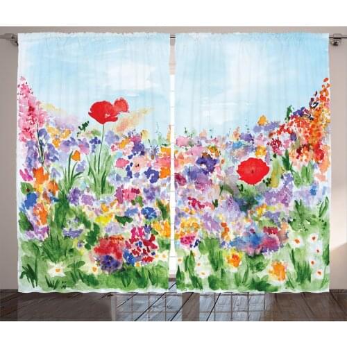 Painting of Flowers Curtains Meadow Scene Wild Floral Satin Fabric Drapes for Living Room Bedroom 2 Panel Window Set