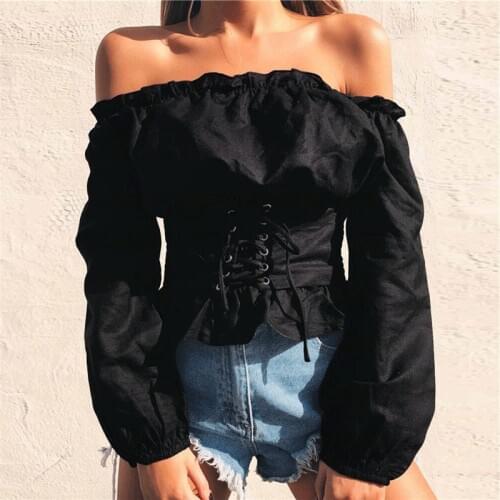 2021 Spring Womens Womens Solid Color One-line Neck Waist Tie Strapless Lantern Sleeve T-shirt Fashion Trend Womens Clothing