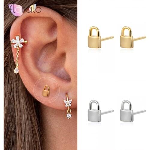 Minimalist 925 Sterling Silver Lock Shaped Stud Earrings for Women Simple Mini Gold Silver Studs Earrings Fashion Jewelry