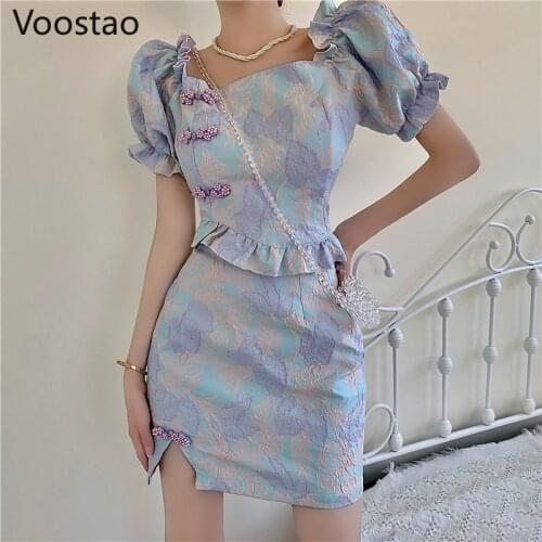 Elegant Fashion Two Piece Set Women Korean Square Collar Puff Sleeve Blouse Crop Tops + High Waist Skirt Suit Lady 2 Piece Sets