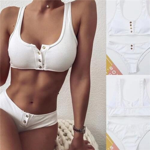 2021 Womens Solid Color 2Pcs Bikini Suit Front Button Closure Bustier Tank Tops and Triangle Bottom Simple and Sexy Swimwear