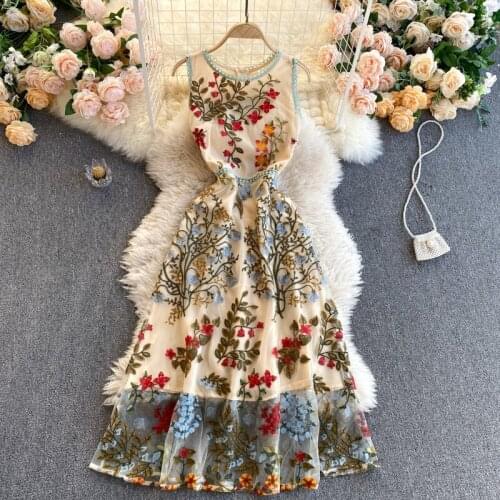 2021 Summer Womens Floral Embroidery Mesh Dresses Female Sleeveless Tank Holiday Elegant Party Dress