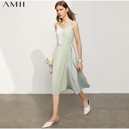 Amii Minimalism Summer Womens Dress Offical Lady Patchwork Vneck Aline Womens Summer Dress Causal Women Chiffon Dress 12170173
