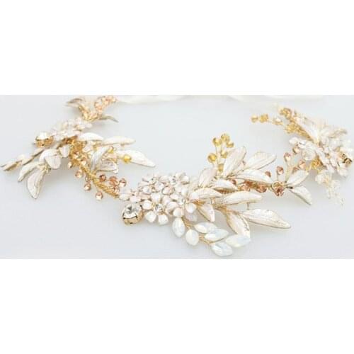 Antique Gold Handmade Ribbon Rhinestone Crystal Floral Bridal Wedding Tiara Headband Headpiece Hair accessories for women