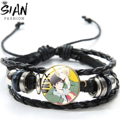 SIAN Japanese Anime BANANA FISH Bracelet Art Photo Glass Dome Handmade Cartoon Black Multilayer Leather Bracelet For Kids Gifts