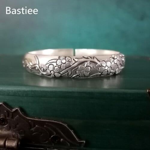 Bastiee Plum Blossom 99.99% Sterling Silver Cuff Bracelets For Women Bangles Hmong Handmade Luxury Fine Jewelry Vintage Bangle