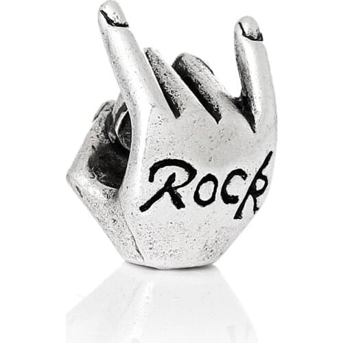 DoreenBeads European Charm Beads Rock Hand Silver Color "Rock"Carved About 16mmx10mm( 5/8"x 3/8"),Hole: 5.2mm ,10 PCs