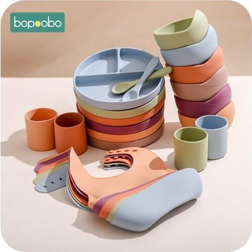 Bopoobo 5Pcs Silicone Dinner Plate Set Sucker Feeding Bowl Spoon Waterproof Bib BPA Free Newborn Anti-hot Training Plate