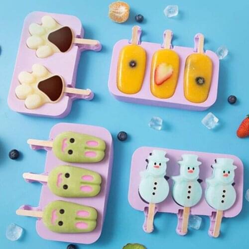 Ice Cream Mould Cute Cartoon Ice Cream Mould Silicone Ice Cube Tray With Lid Kitchen Tool DIY Homemade Popsicle Maker