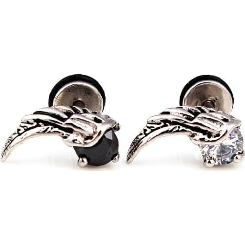 Hot Surgical Stainless Steel Earring Round Clear/Black Crystal Wing Style Stud Earrings Women Men Punk Jewelry Xmas Gift