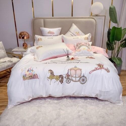 Princess Carriage Embroidery 60S Satin Washed Silk Bedding Set Cotton Duvet Cover Bed Linen Fitted Sheet Pillowcases Bedclothes