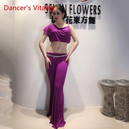 Cheap Two Piece Modal Suit Bellydance Outfit Sexy Modal Oriental Dance Practice Show Skirt Purple Short Sleeve Set