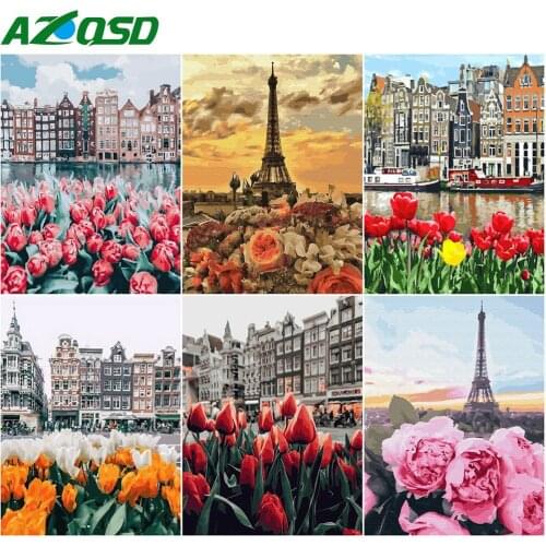 AZQSD Oil Painting Drawing On Canvas City Flower Acrylic Diy Paint Painting By Numbers Landscape Living Room Decoration