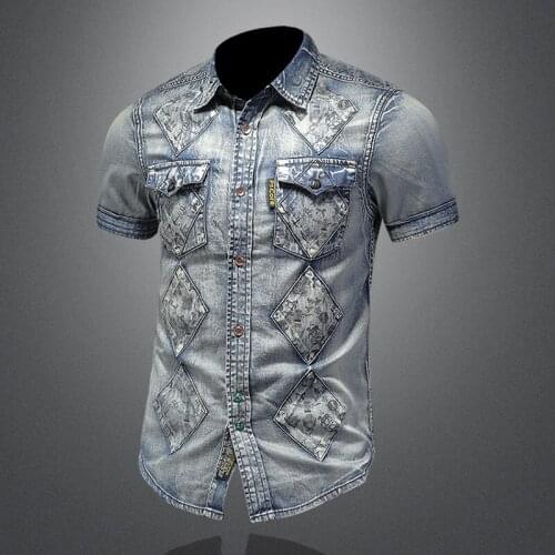 2021 New Summer High Quality Mens Printed Single Breasted Slim High Street Short Sleeves Denim Shirts