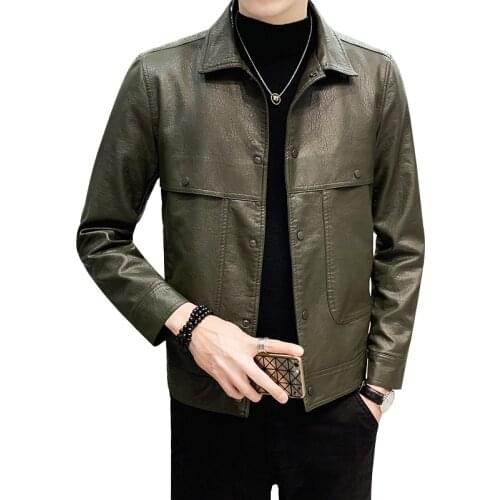 2021 Autumn Men Leather Jacket Coat Faux PU Lapel Single Breasted Bomber Motorcycle Biker ArmyGreen Black Slim Casual Outwear