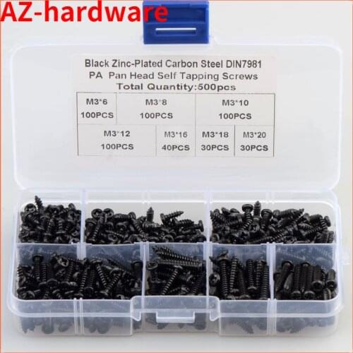 Black Pan Head Tapping Screws Set M3*6/8/10/12/16/18/20 Carbon Steel laptop computer screw Phillips Screw kit 500 pcs/set