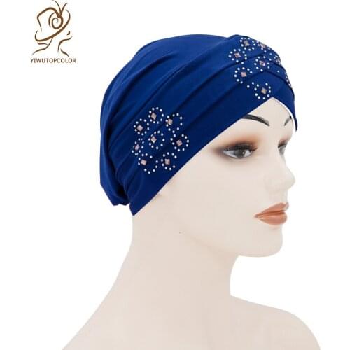 New Fashion Hot Drilling Muslim Turban Hat Ladies Pure Color Milk Silk Stretch Toe Cap Hat Loose And Comfortable Diamond Cap