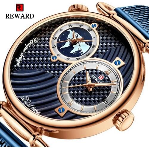 REWARD Men Watches Top Brand Luxury Dual time zone Quartz Wristwatch stainless steel strap Mens Casual Waterproof Watch
