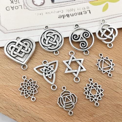Mix 50pcs Antique Silver 10 Styles Alloy Celtic Knot Flower of Life Charms Pendants for DIY Necklace Bracelet Jewelry Making