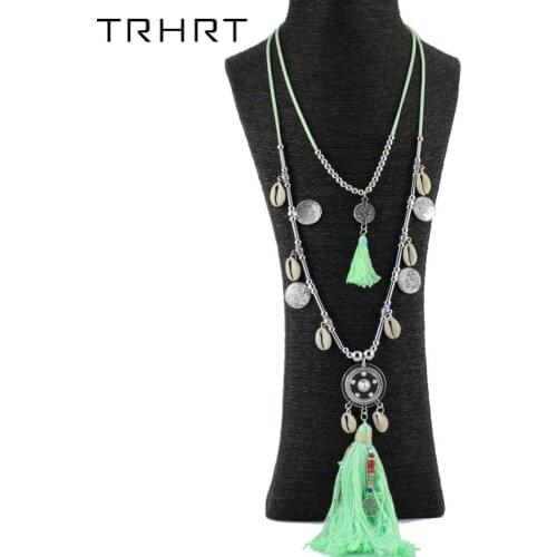 TRHRT Bohemian Fringe Shell Alloy Round Pendant Leather Rope Alloy Beads Multilayer Design Ethnic Style Accessories