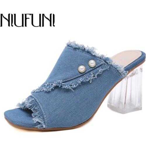 NIUFUNI 2019 New Style Denim Slippers Sandals Women Fashion Pearl Open Toe Sandals Slip on Crystal High Heel Shoes Woman