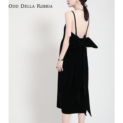 OddDellaRobbia Spring New Sexy Party Banquet Club Wine Red Velvet Backless Dress Bow Knot Suspenders Dress Puff Skirt Women 1959