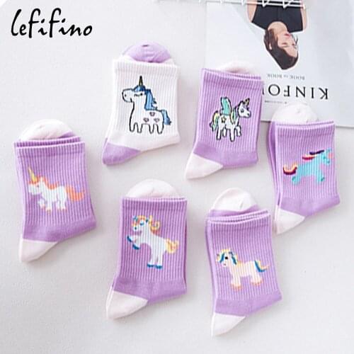 Korea Cute Cartoon Unicorn Women Socks Cotto Purple Funny Kawaii Animal Novelty Socks Rainbow Horse Contrast Color Sock Ne78130