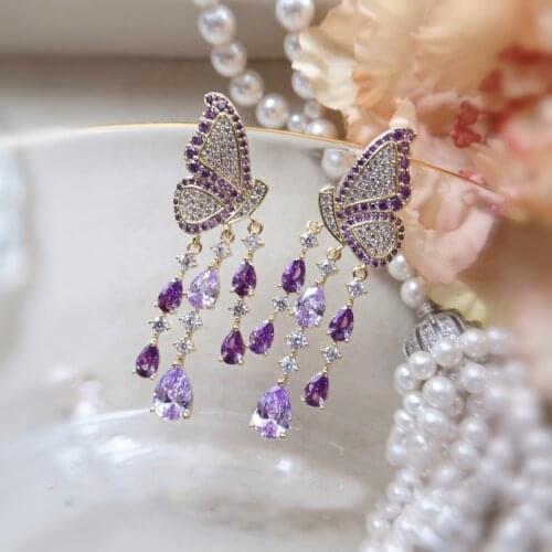 MENGJIQIAO Korean Luxury Fashion Purple Butterfly Shiny Rhienstone Tassel Dangle Earrings For Women Waterdrop Party Jewelry