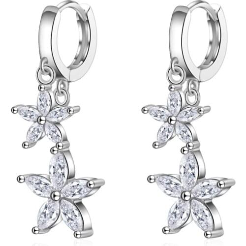 Romantic 952 Silver Plated Super Shiny Double Flower Womens Earrings Shiny AAA Zircon CZ Earrings Wedding Jewelry Pendant