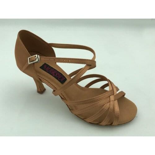 Hot Sale ballroom latin salsa dance shoes dark tan satin in high quality 6201B-DT