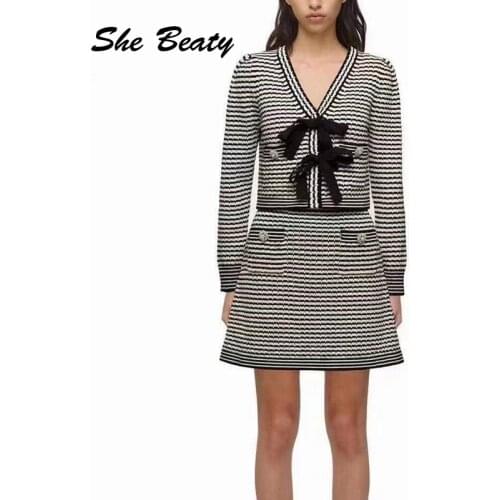 She Beaty 2 Pieces Sweater Sets Women Sexy V-Neck Bow Striped Long Sleeve Button Up Bow Knit Skirt And Cardigan Top Suit Outfits