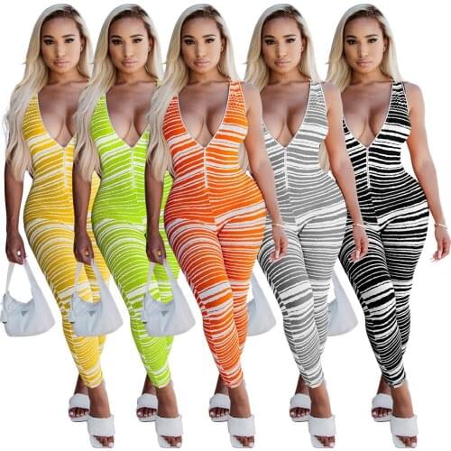 Echoine 2021 Women Sexy jumpsuit striped Print zippe Tank sleeveless Deep V High Waist Skinny Free bodysuits trousers Rompers