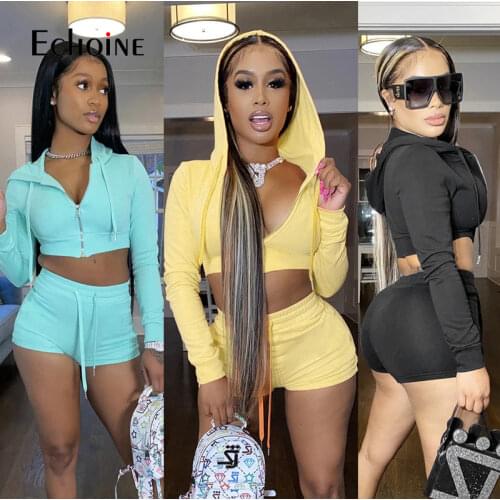 Echoine Women Solid Sporty Two Piece Outfits Zip Up Cropped Hoodies and Shorts Matching Sets Tracksuits Sweatsuits Street Style