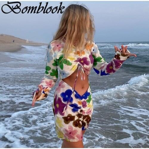Bomblook Beach Leisure Vacation Bodycon Dresses For Women 2021 Summer Floral Printed O-neck Long Sleeve Mixi Dress Female Outfit