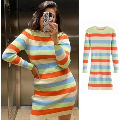 RainBow Striped Sweater Dress Autumn Spring O Neck Long Sleeve Slim Bodycon Mini Dresses Women Vestidos Cortos Za 2021 Knitted