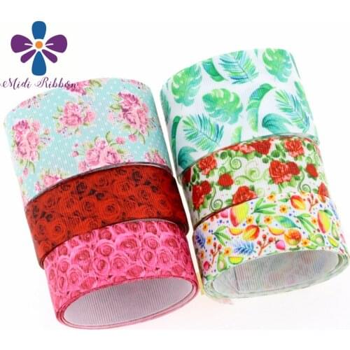 16mm-75mm Flower Series Red Pink Roses Green Leaves Printed Grosgrain/Foe Ribbon DIY Valentines Day Decor 50yards/roll