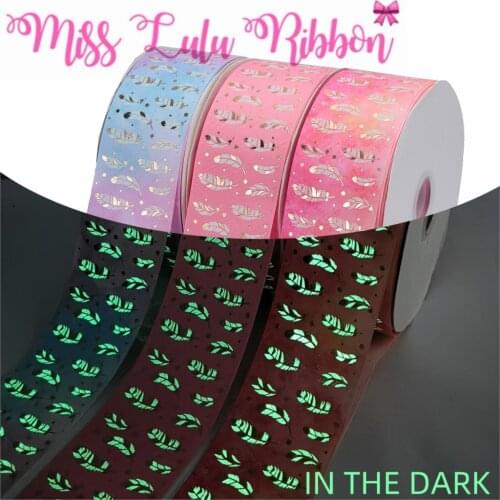 3"75mm Feather White Ink Print Glow in the Dark Gold Foil Gradient Color Printed Grosgrain Ribbon DIY Hair Bands 50yards/roll
