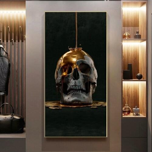 Abstract Golden Metal Skull Statue Oil Painting on Canvas Posters and Prints Wall Art Pictures for Living Room Home Decoration