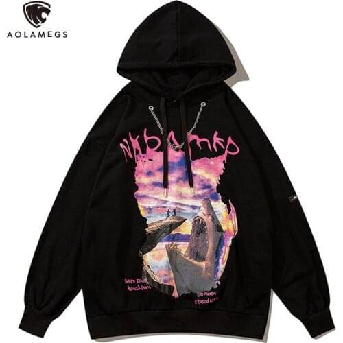 Aolamegs Hoodie Sweatshirt Men Cool Letter Shark Print Streetwear Couple Oversized Fashion High Street Style Hooded Pullover Men