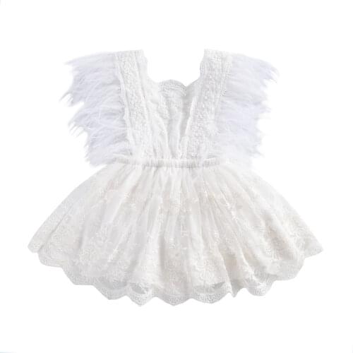 2021 New Summer 0-24M Baby Girl Feather Dress-Style Lace Bodysuit White Flared Short Sleeve Floral Embroidery Photograph