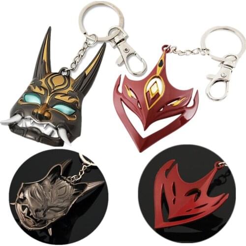 Game Genshin Impact Cosplay Tartaglia Xiao Mask Keychain Pendant Alloy Key Chains Toy Jewelry