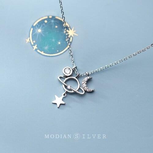 MODIAN Dazzling Zircon Stars Moon Planet Pendant Necklace for Women Fashion 925 Sterling Silver Link Chain Necklace Fine Jewelry