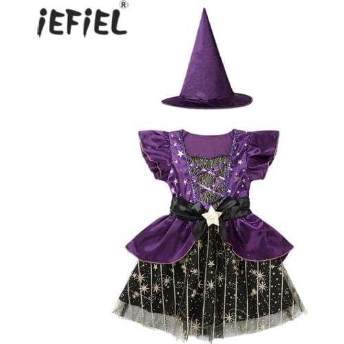 Kid Girls Halloween Witch Costume Shiny Sequined Stars Mesh Tutu Dress Carnival Cosplay Dress with Pointed Hat Dress Up Clothes