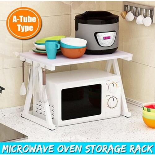 2 Layers Kitchen Organizer Microwave Oven Shelf Rack Stand Metal Wooden Tableware Condiment Storage Dish Space Saving Rack