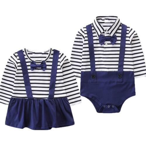 Newborn Baby Boys Girls Long Sleeve Navy Stripe Patchwork Romper Dress Jumpsuit Outfits Clothes