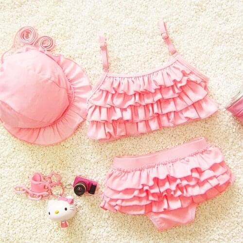 Hot Girls Solid Flounced Bikinis Set with Swim Cap Lovely Child Kids 3 Piece Swimsuit Swimwear Mesh Candy Color Spa Bathing Suit