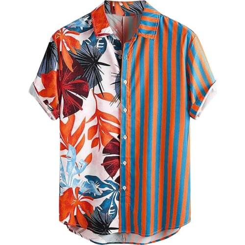 Fashion Casual Hawaiian Shirt Men Print Patchwork Single-breasted Lapel Trend Shirt Handsome Mens Vintage Clothes Summer 2021